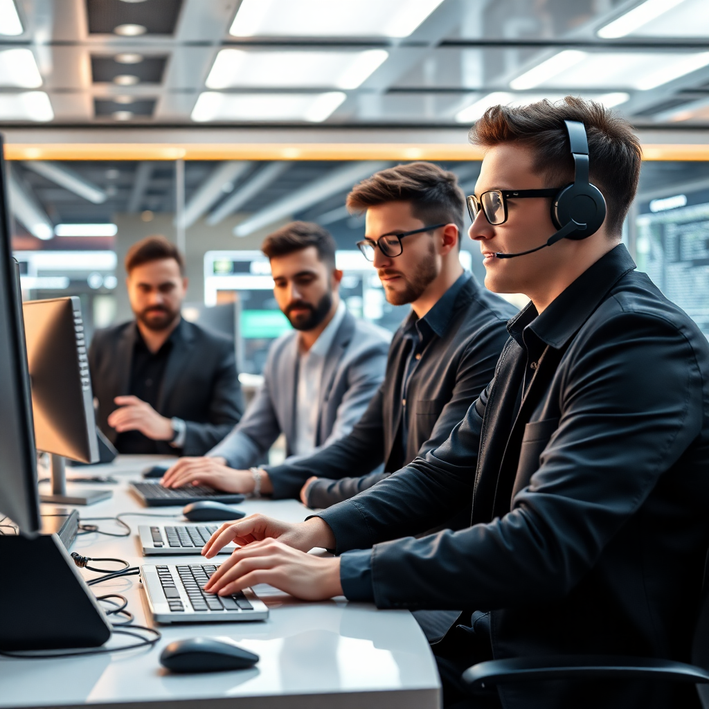 Professional team of tech developers in a sleek modern futuristic office environment, high-end corporate style, ultra-sharp focus