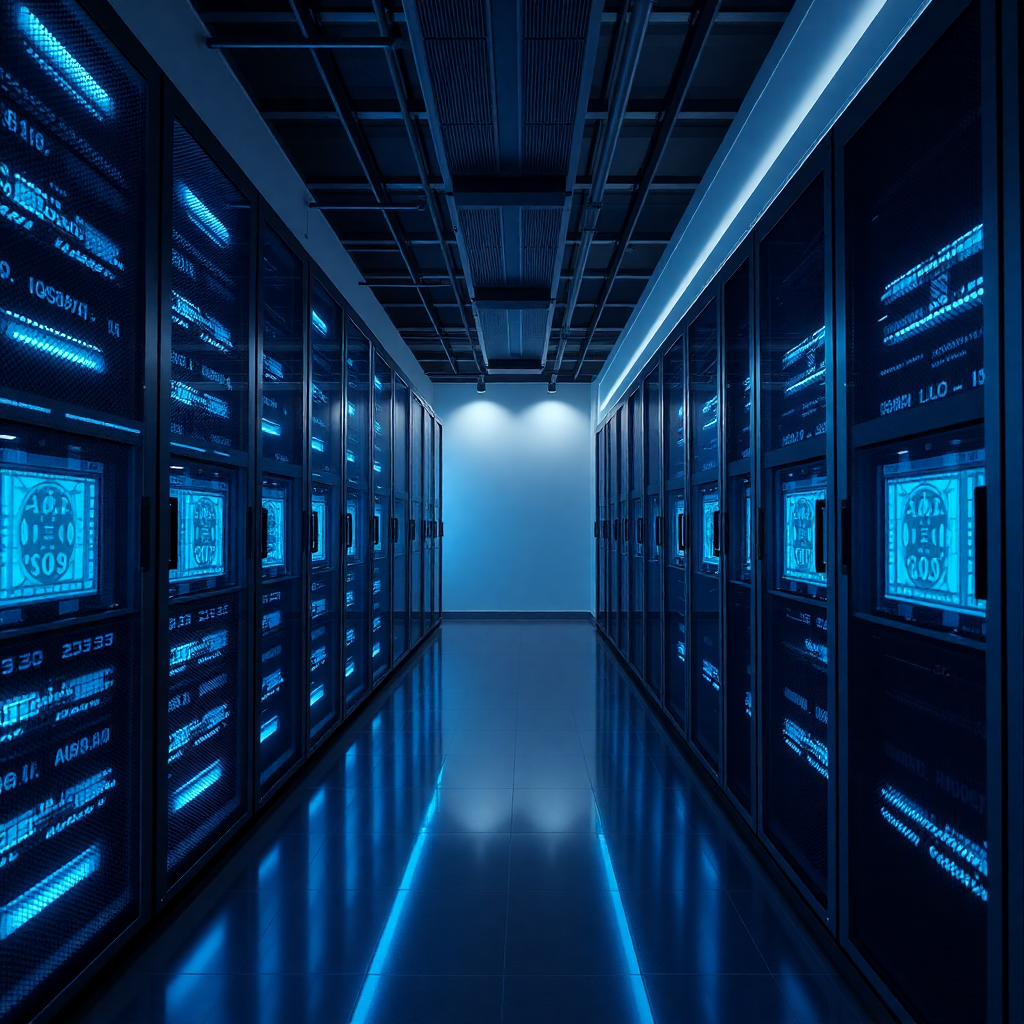 Modern minimalist server room with glowing blue lights, professional high-tech aesthetic