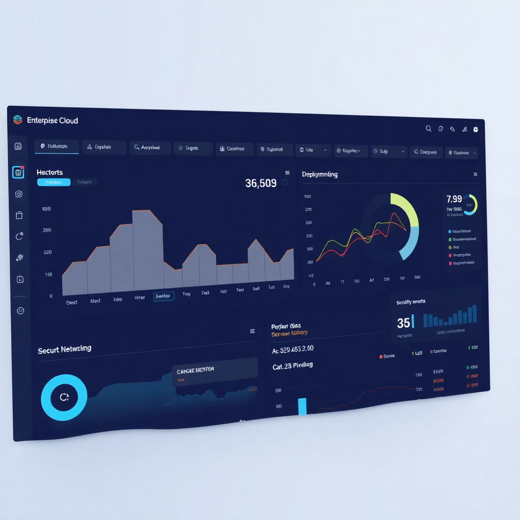 enterprise cloud infrastructure dashboard with server monitoring, deployment pipelines, and security metrics, professional tech interface