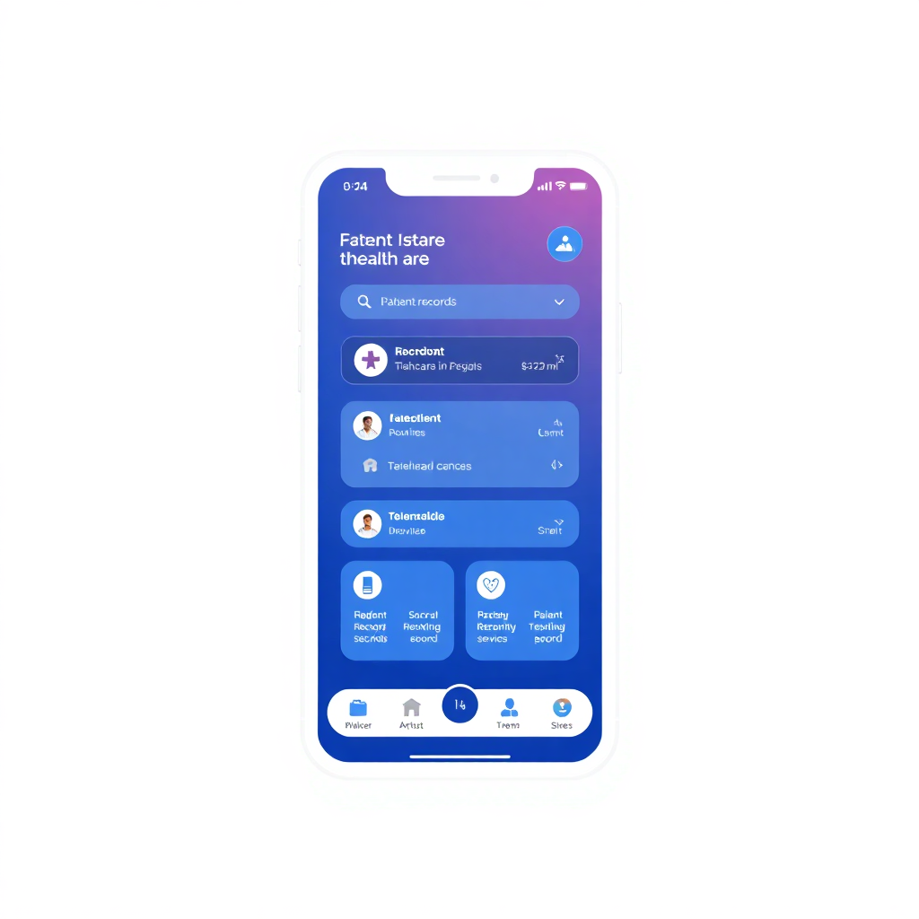 mobile healthcare app interface showing patient records, appointment scheduling, and telemedicine features, professional medical design