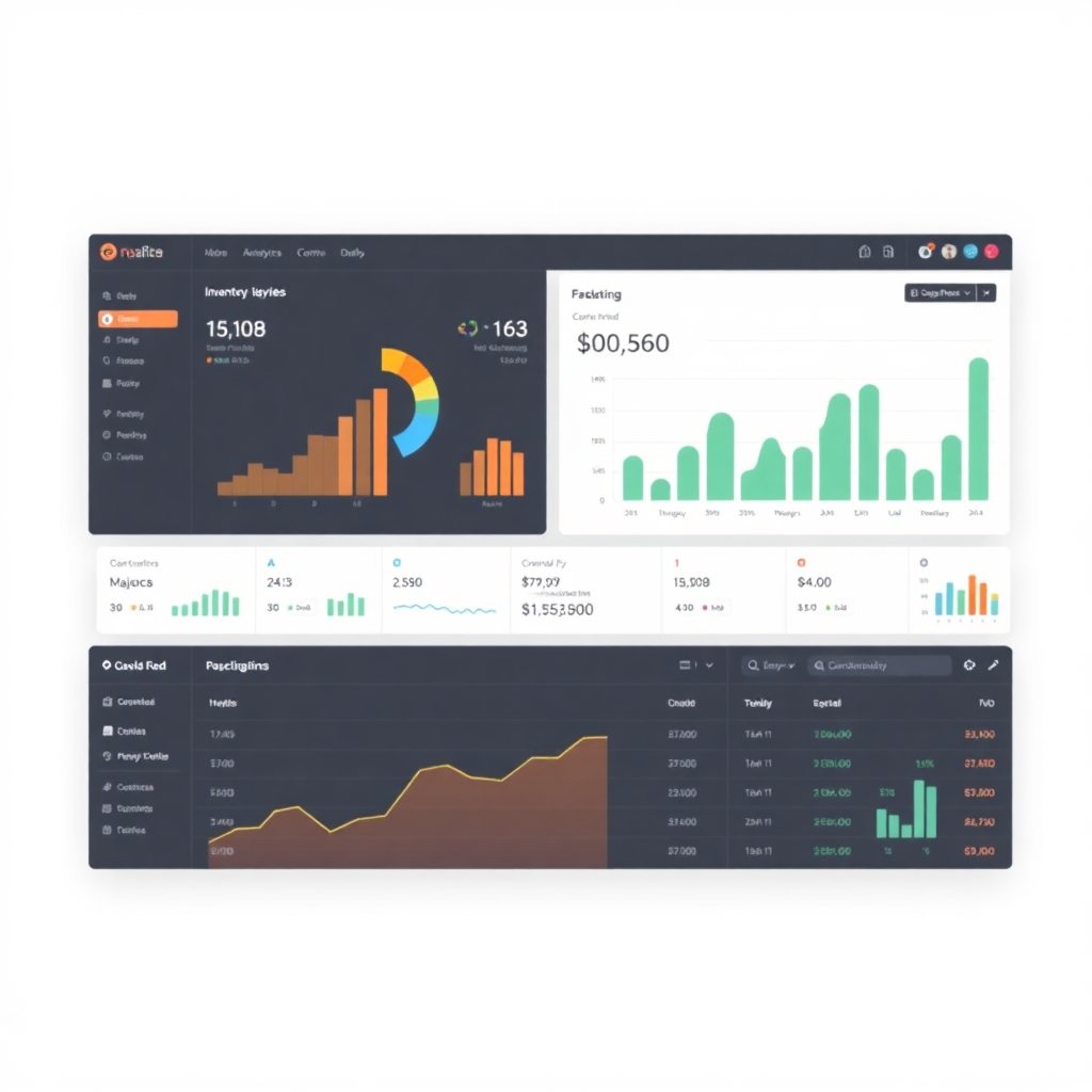 modern e-commerce dashboard with analytics charts, inventory management interface, clean professional design
