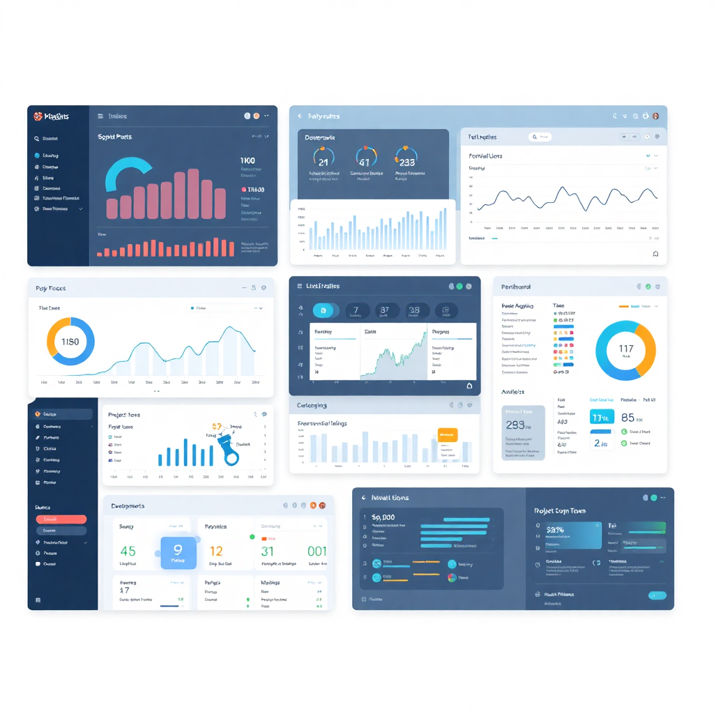 modern dashboard interface with multiple screens showing analytics, project management tools, and development workflows, professional corporate tech environment