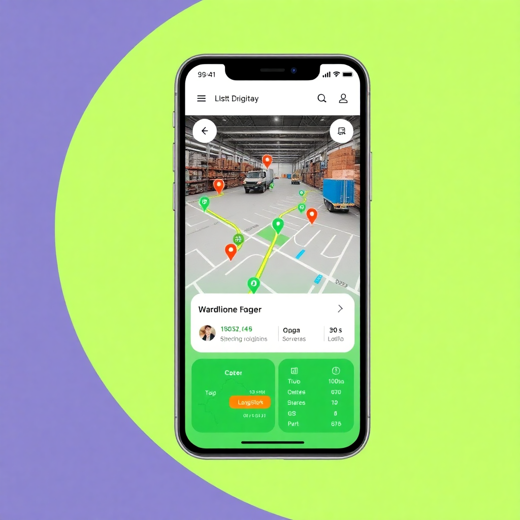 logistics tracking mobile app showing real-time delivery routes, warehouse management, and fleet monitoring dashboard