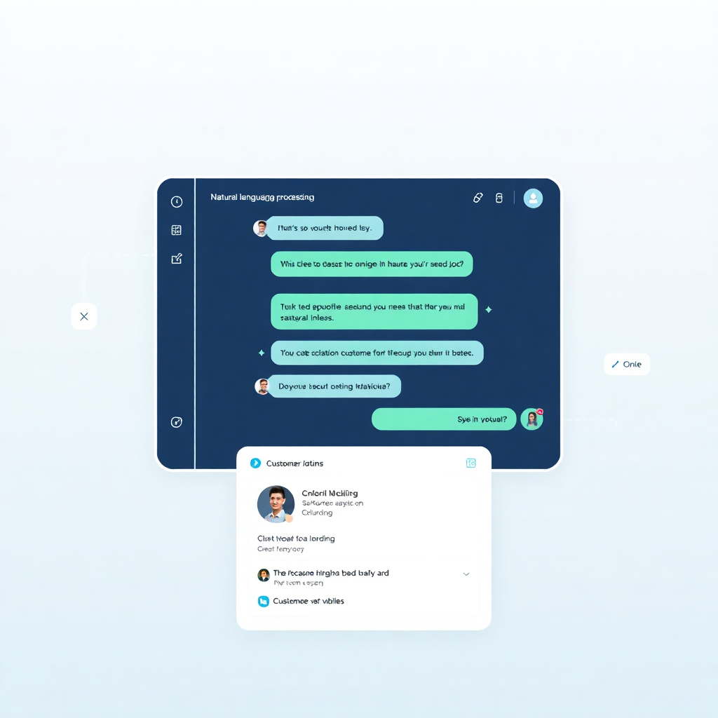 AI chatbot interface with conversation flows, natural language processing visualization, and customer service dashboard